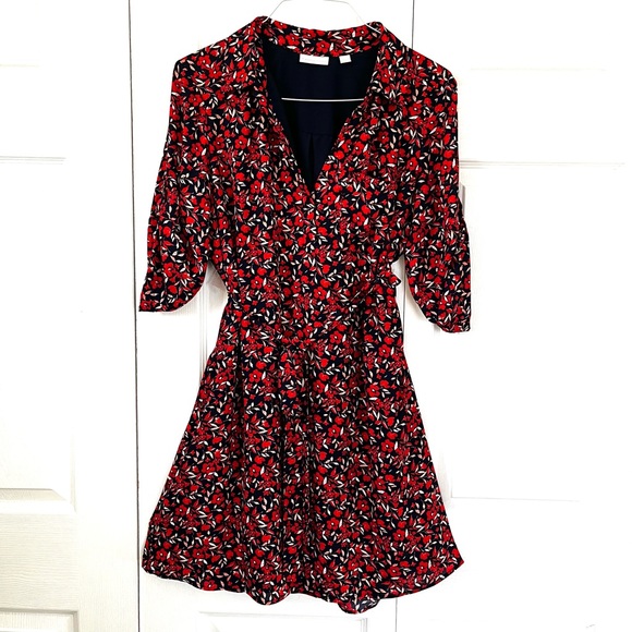 NY&Co Midi Dress w/ Red Floral Print on Navy, 3/4 Sleeve V-neck Belted sz L - Picture 10 of 12